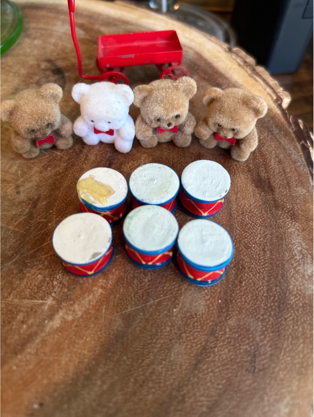 Miniatures dollhouse junk- teddies- wagon - drums